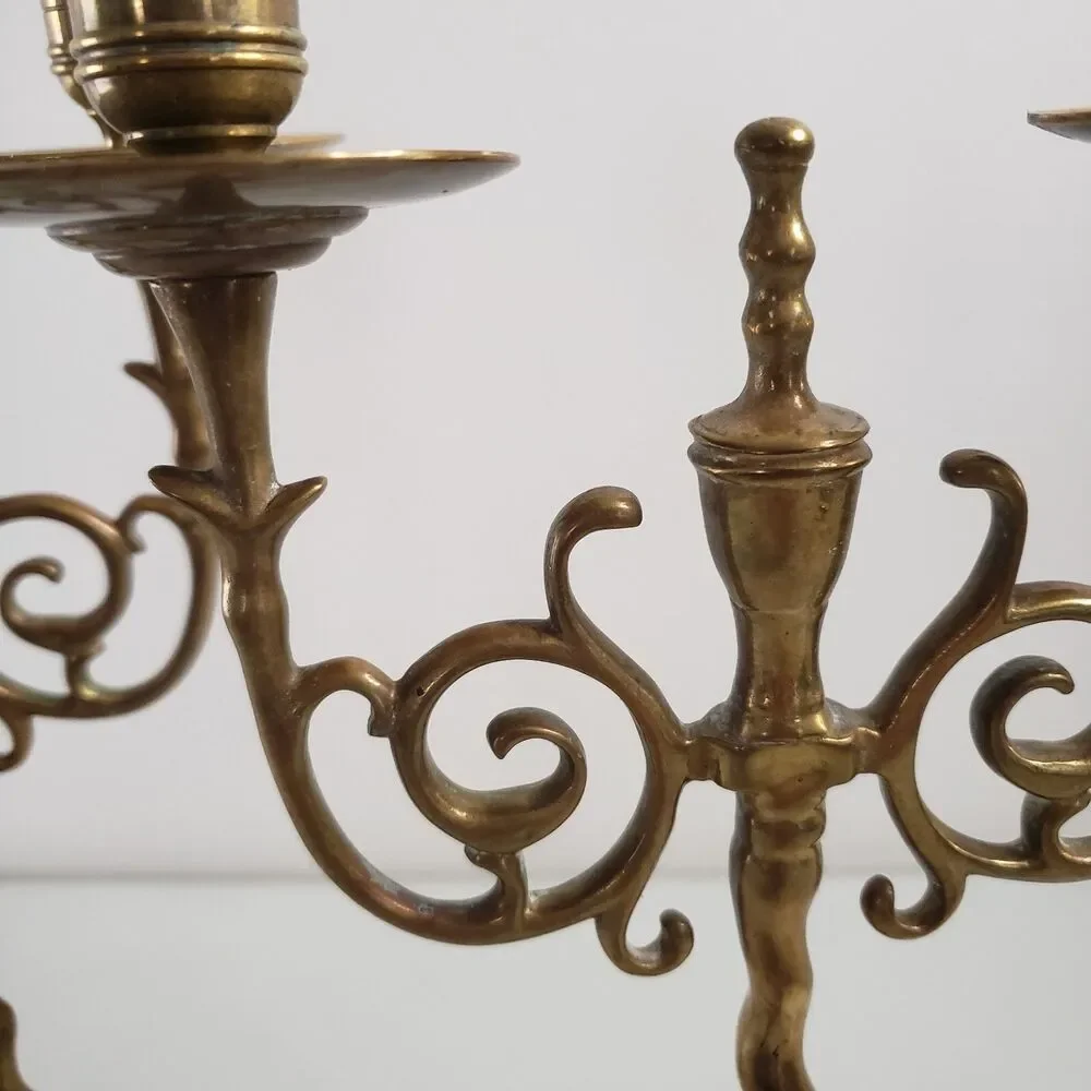 Antique Brass Candlesticks Twist Swirl Scroll Pair Double Candelabra Holders